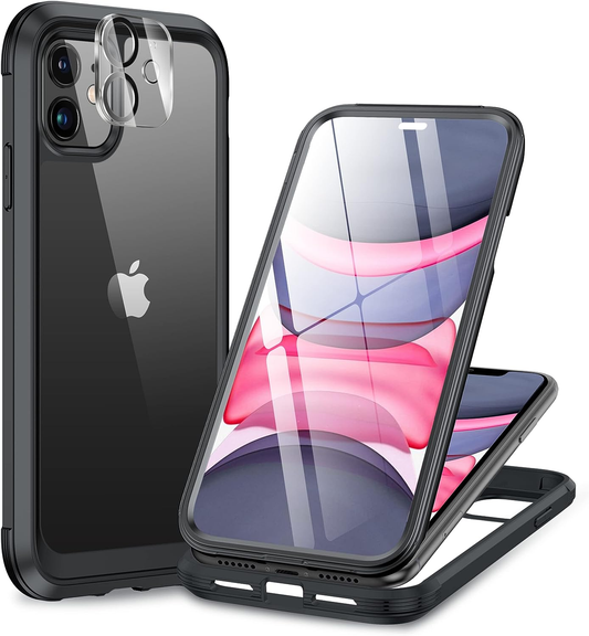 Glass Series Designed for Iphone 11 Case [2023 Upgraded] Full-Body Rugged Bumper Case with Built-In 9H Tempered Glass Screen Protector and Camera Protector (Black) image 0